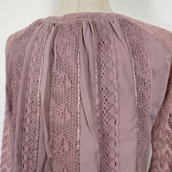 Anthropologie One September Top Small Dusty Rose Lace Feather Boho Mixed Thermal - Picture 10 of 16